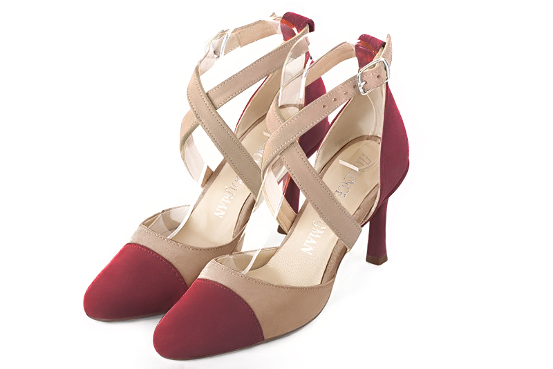 Burgundy red and biscuit beige women's open side shoes, with crossed straps. Round toe. High slim heel. Front view - Florence KOOIJMAN